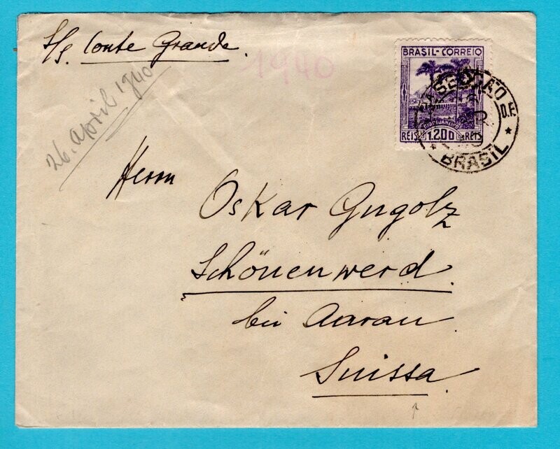 BRAZIL cover 1940 Rio de J to Switzerland