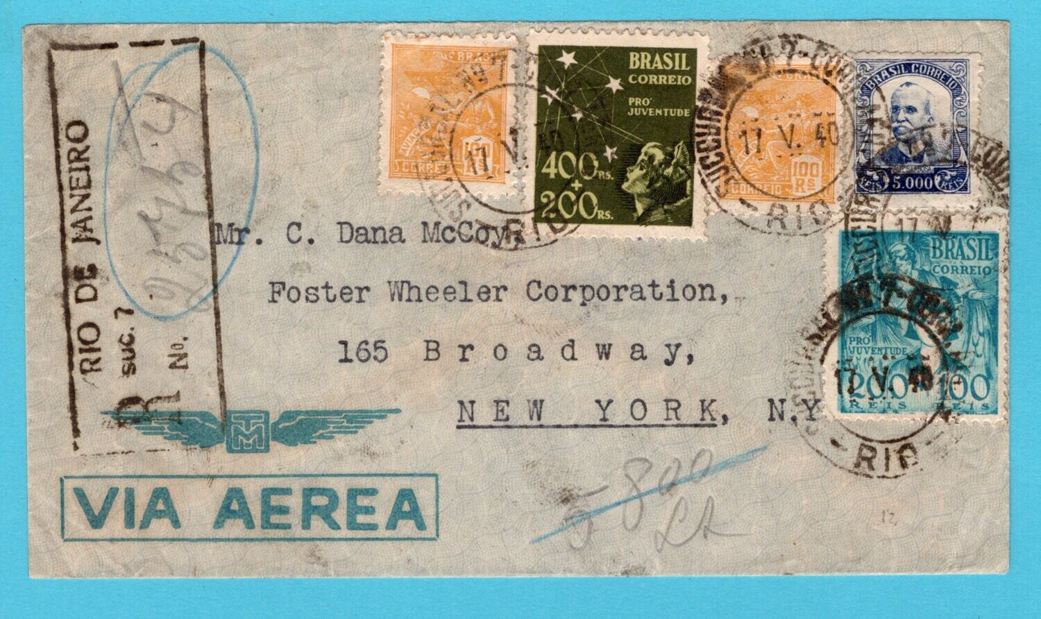 BRAZIL R airmail cover 1940 RdJ to USA