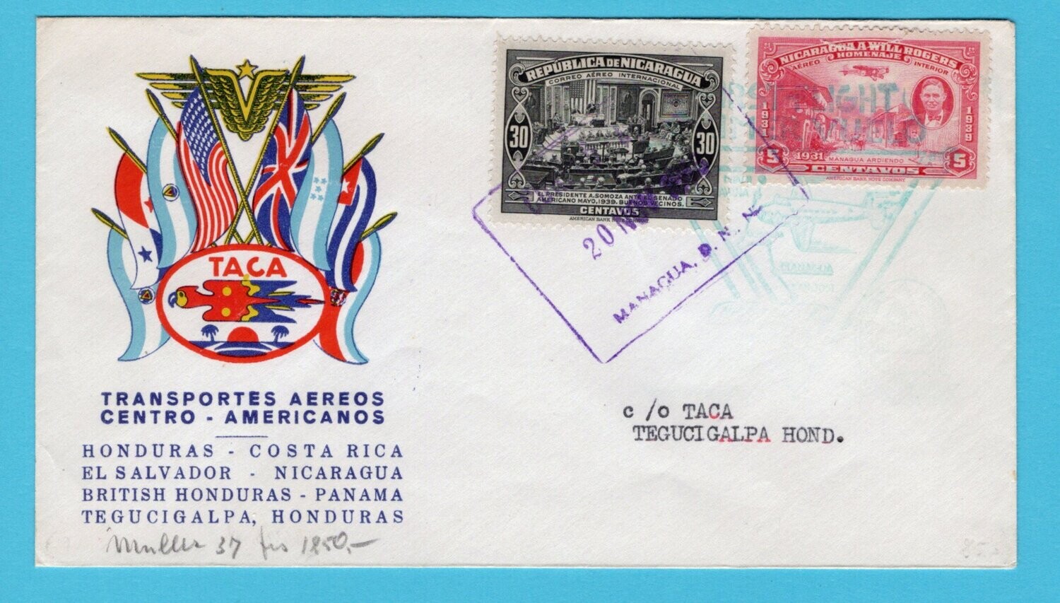 NICARAGUA TACA flight cover 1943 Nicaragua to Honduras