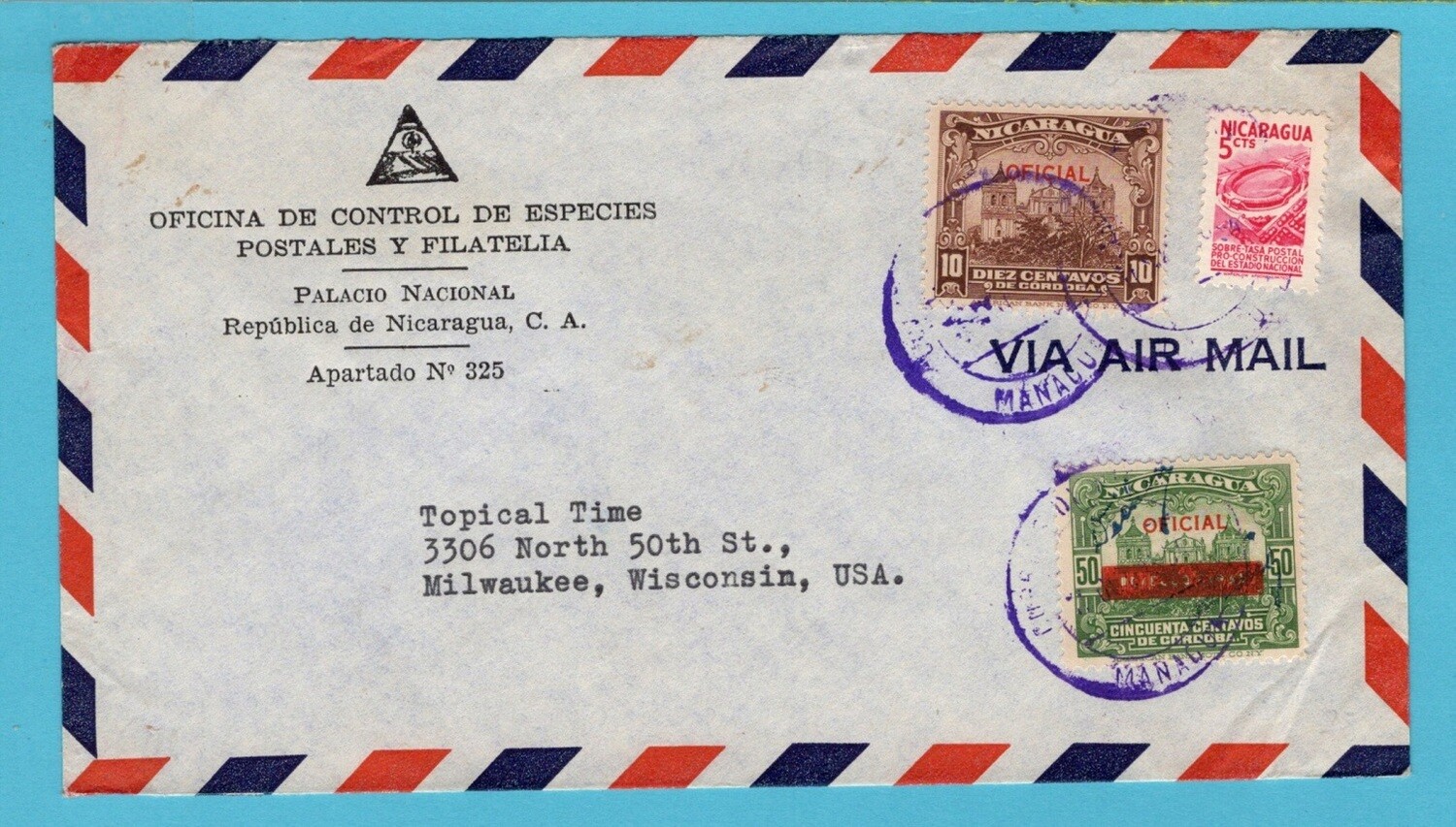 NICARAGUA official cover 1954 Managua to USA