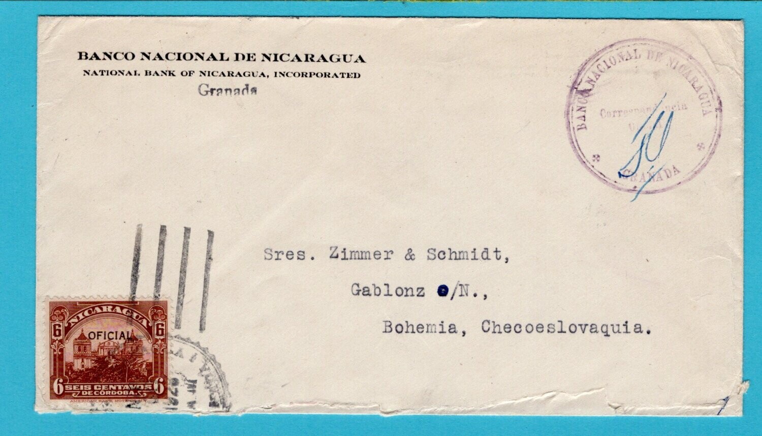 NICARAGUA official cover 1928 Granada to Czechoslovakia