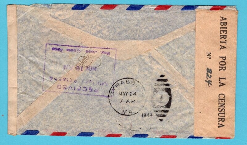 NICARAGUA censor air cover 1944 Managua to Costa Rica