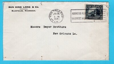 NICARAGUA cover 1921 Bluefields with New Orleans paquebot