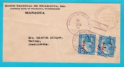 NICARAGUA official cover 1934 Managua to Czechoslovakia