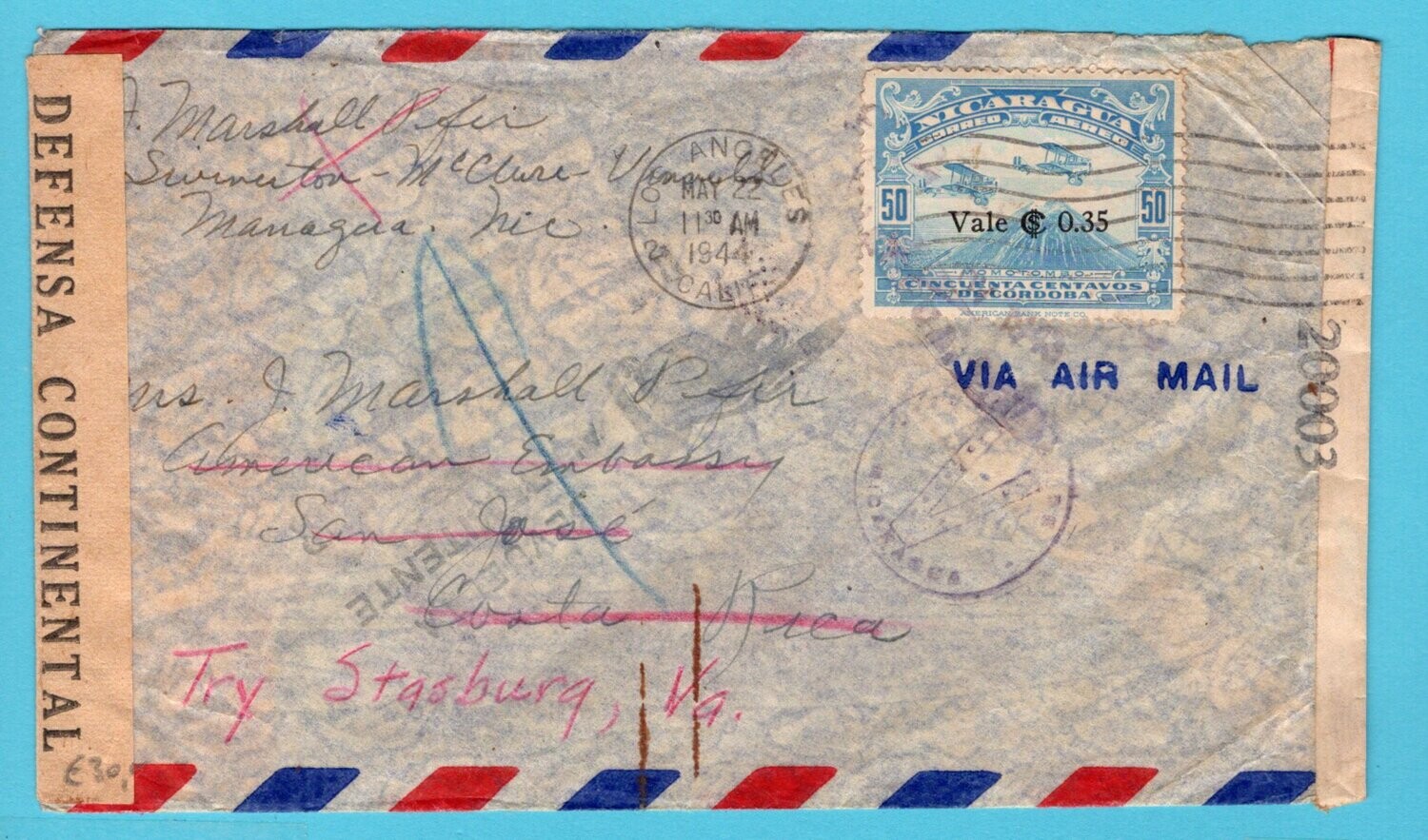 NICARAGUA censor air cover 1944 Managua to Costa Rica