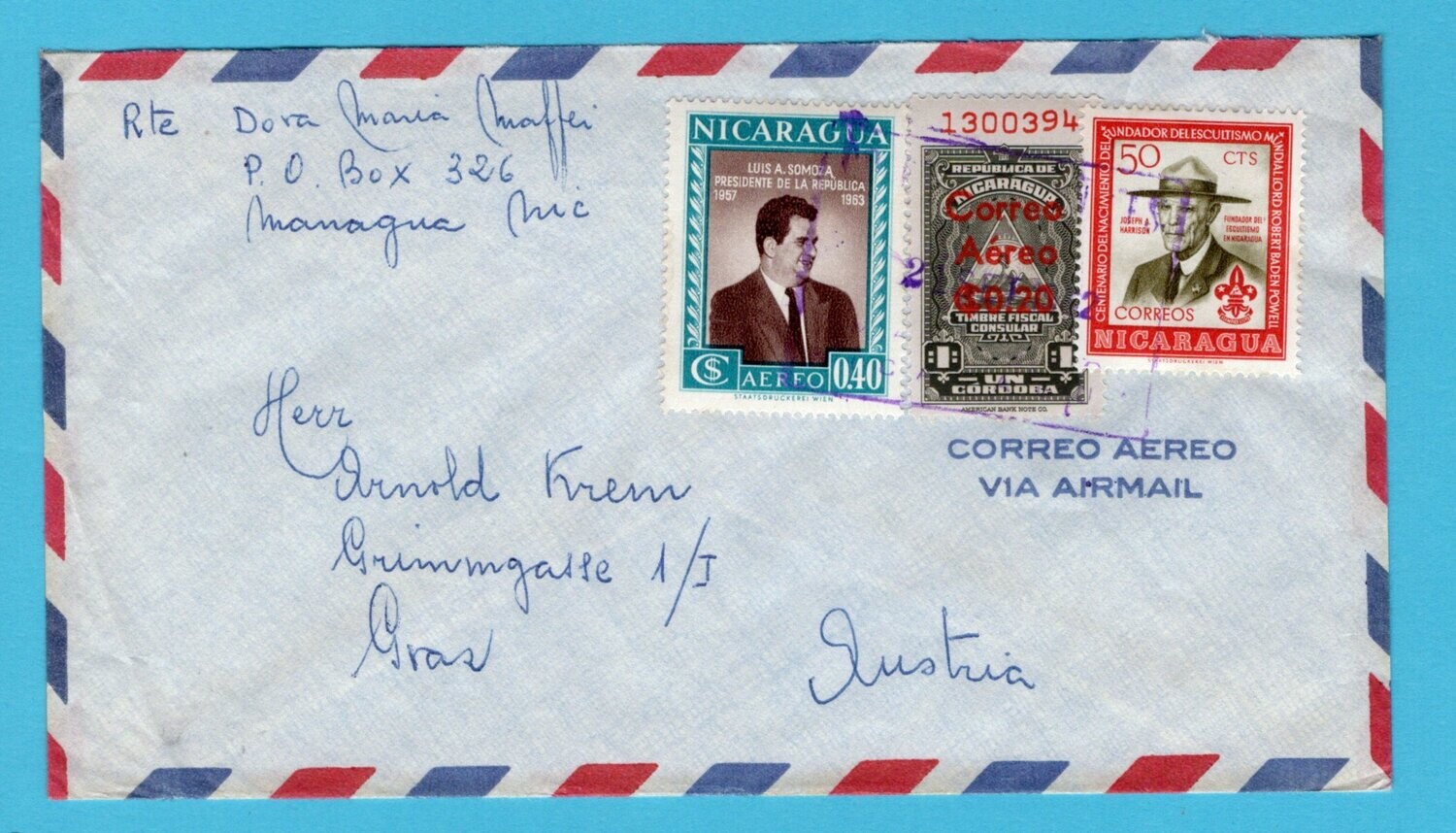 NICARAGUA cover 1962 Managua to Austria