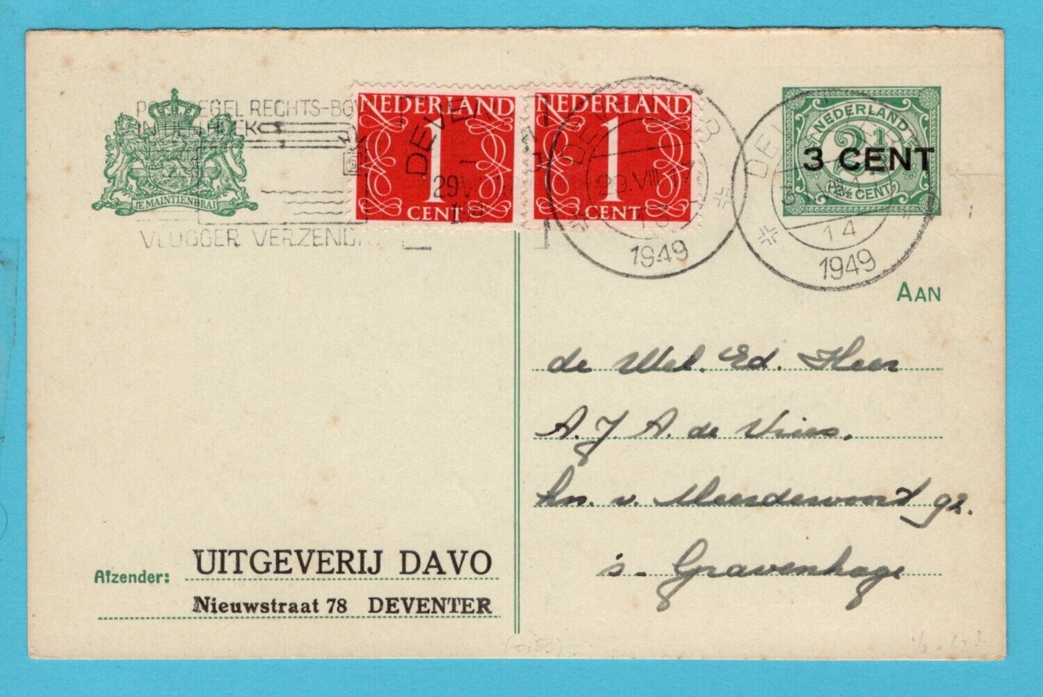 NEDERLAND privé bedrukte briefkaart Davo 1949 Deventer