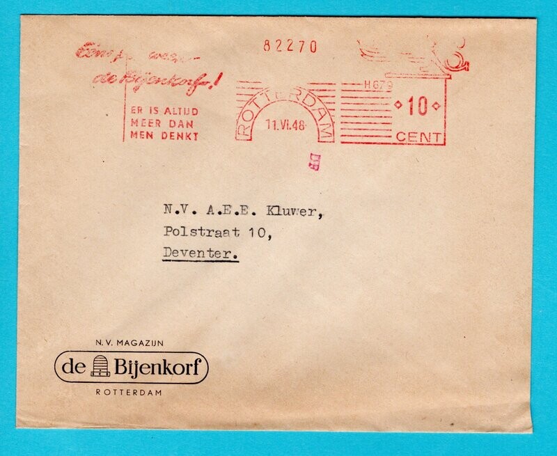 NEDERLAND brief 1948 Rotterdam BIJENKORF rood frankering