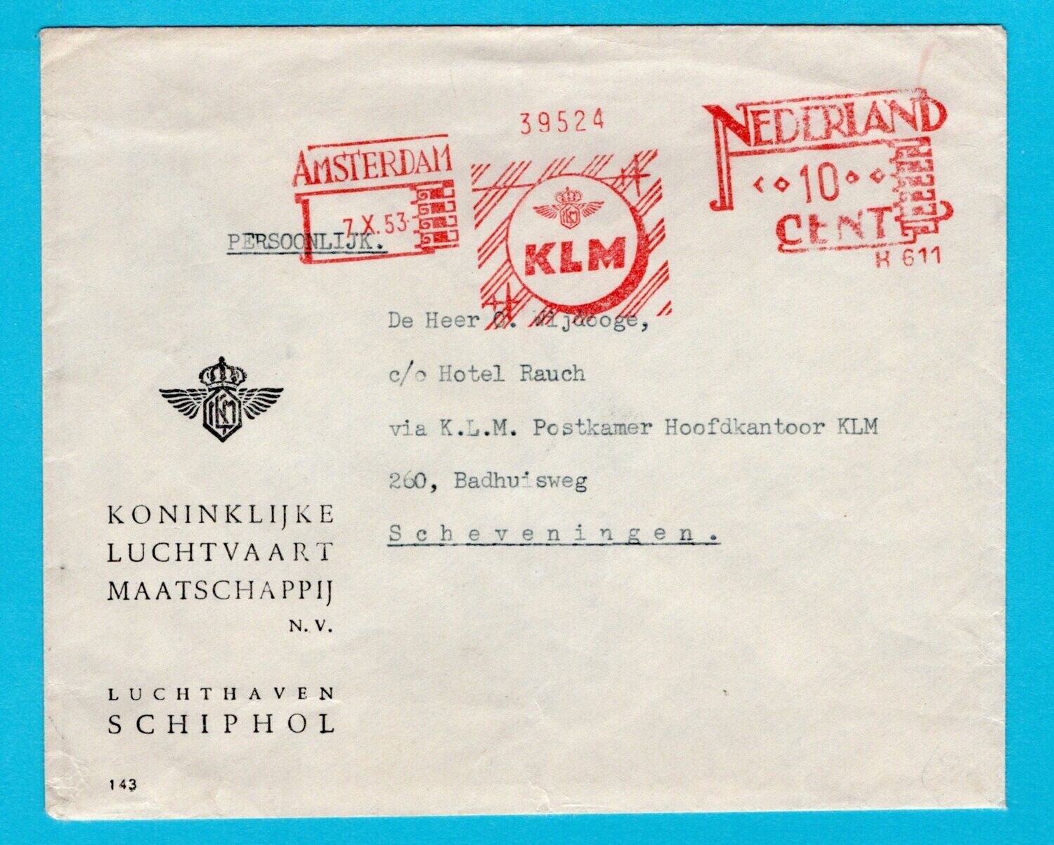 NEDERLAND brief 1953 Amsterdam KLM rood frankering
