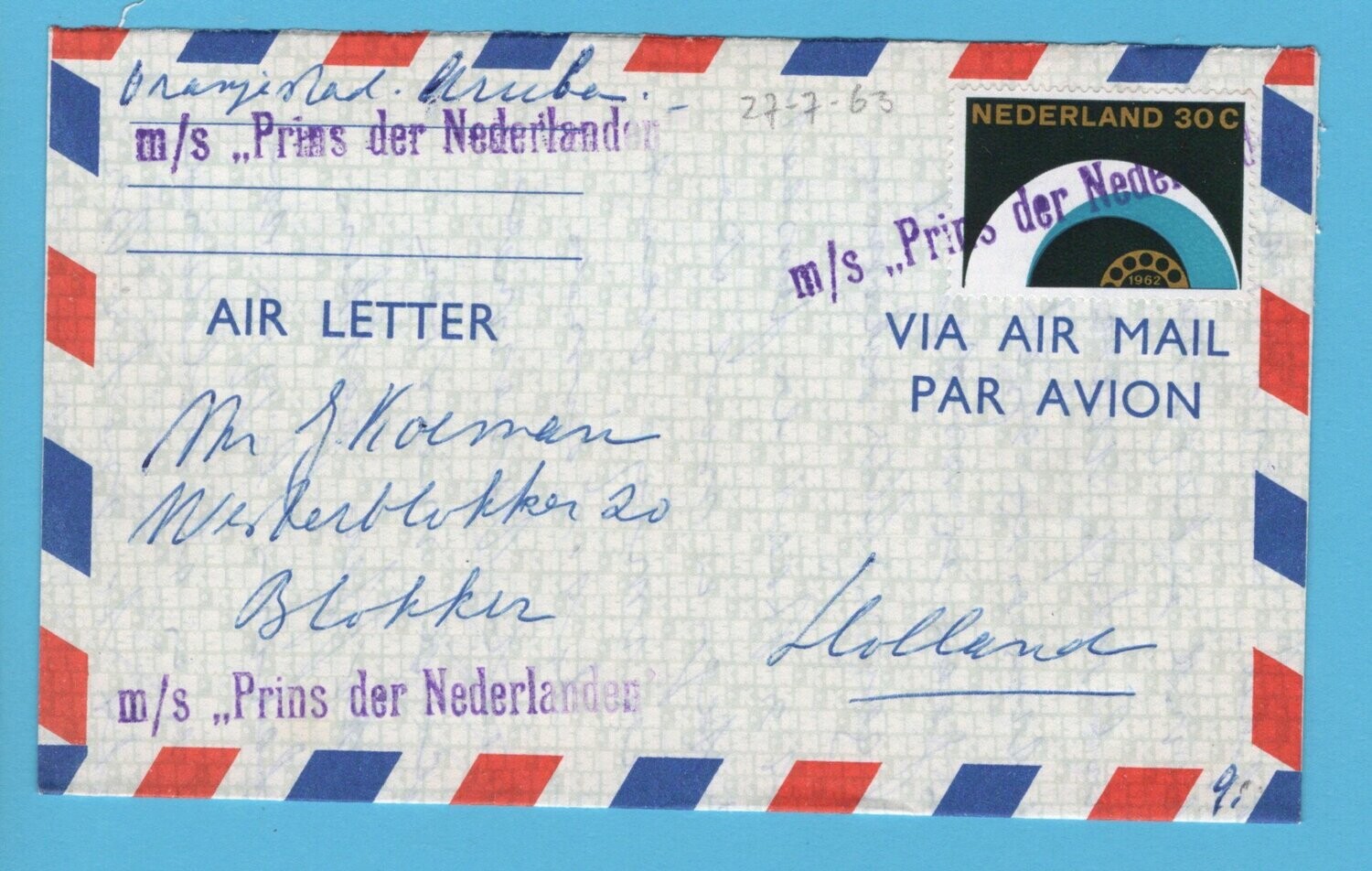 NEDERLAND brief 1963 m/s Prins der Nederlanden naar Blokker