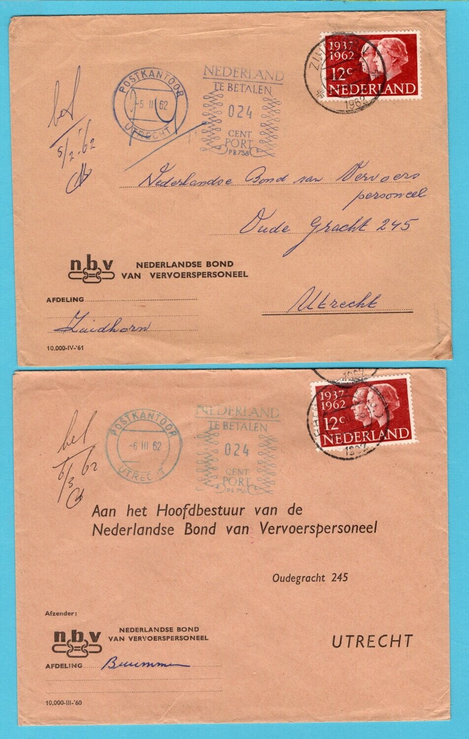 NEDERLAND 2 brieven 1962 Zuidhorn, Brummen port Utrecht