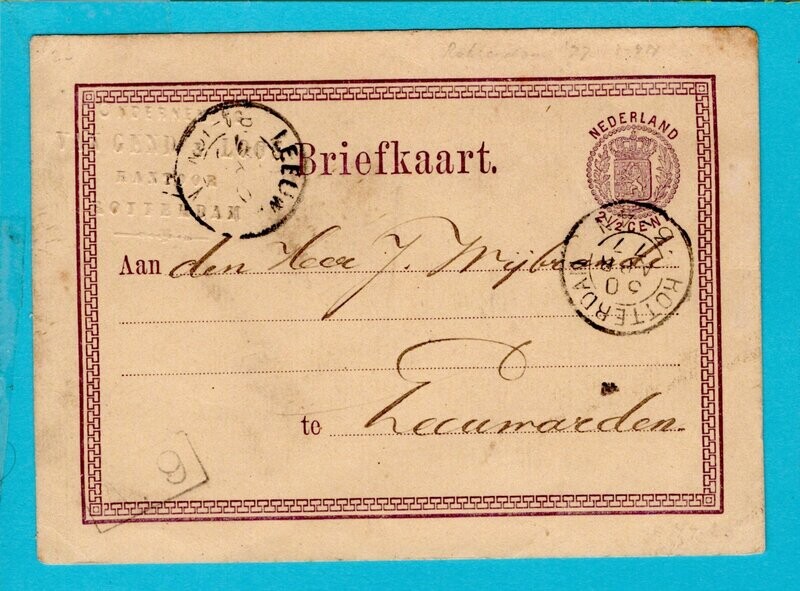 NEDERLAND briefkaart 1877 Rotterdam droogstempel v.Gend&Loos