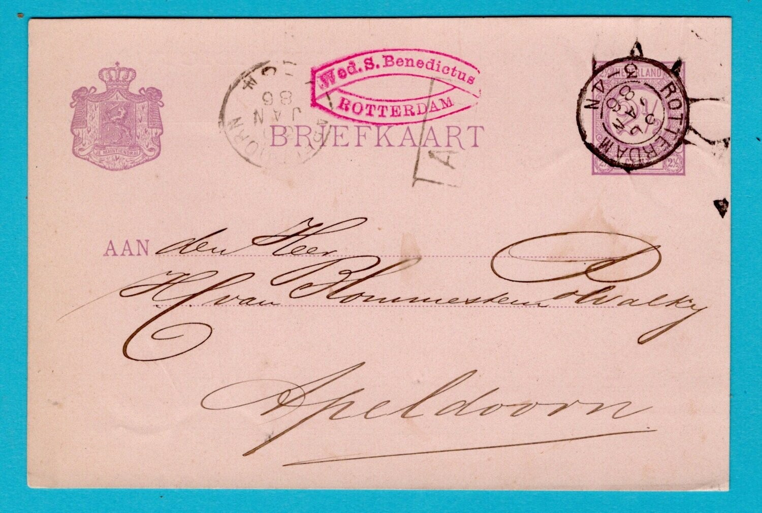 NEDERLAND briefkaart 1886 Rotterdam privé bedrukt Benedictus