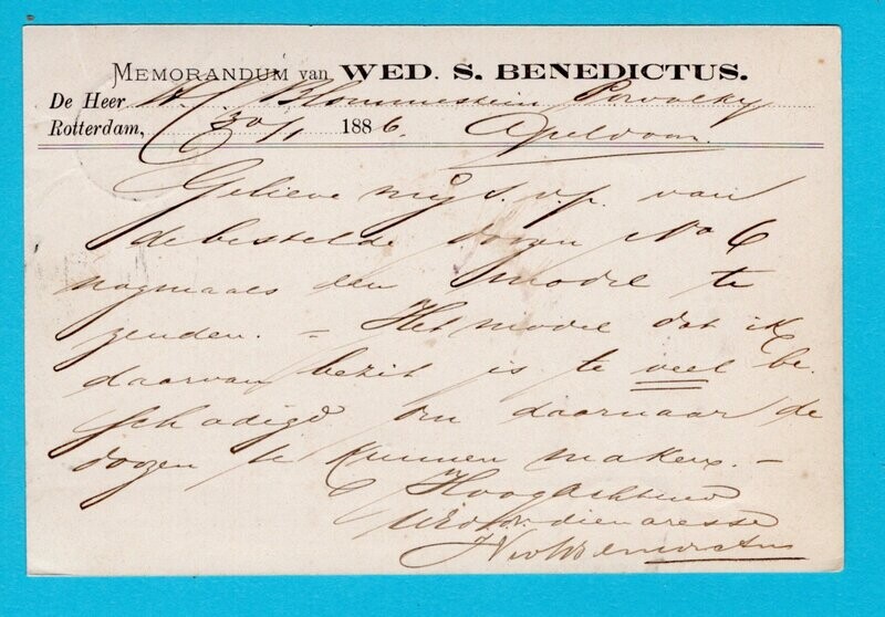 NEDERLAND briefkaart 1886 Rotterdam privé bedrukt Benedictus