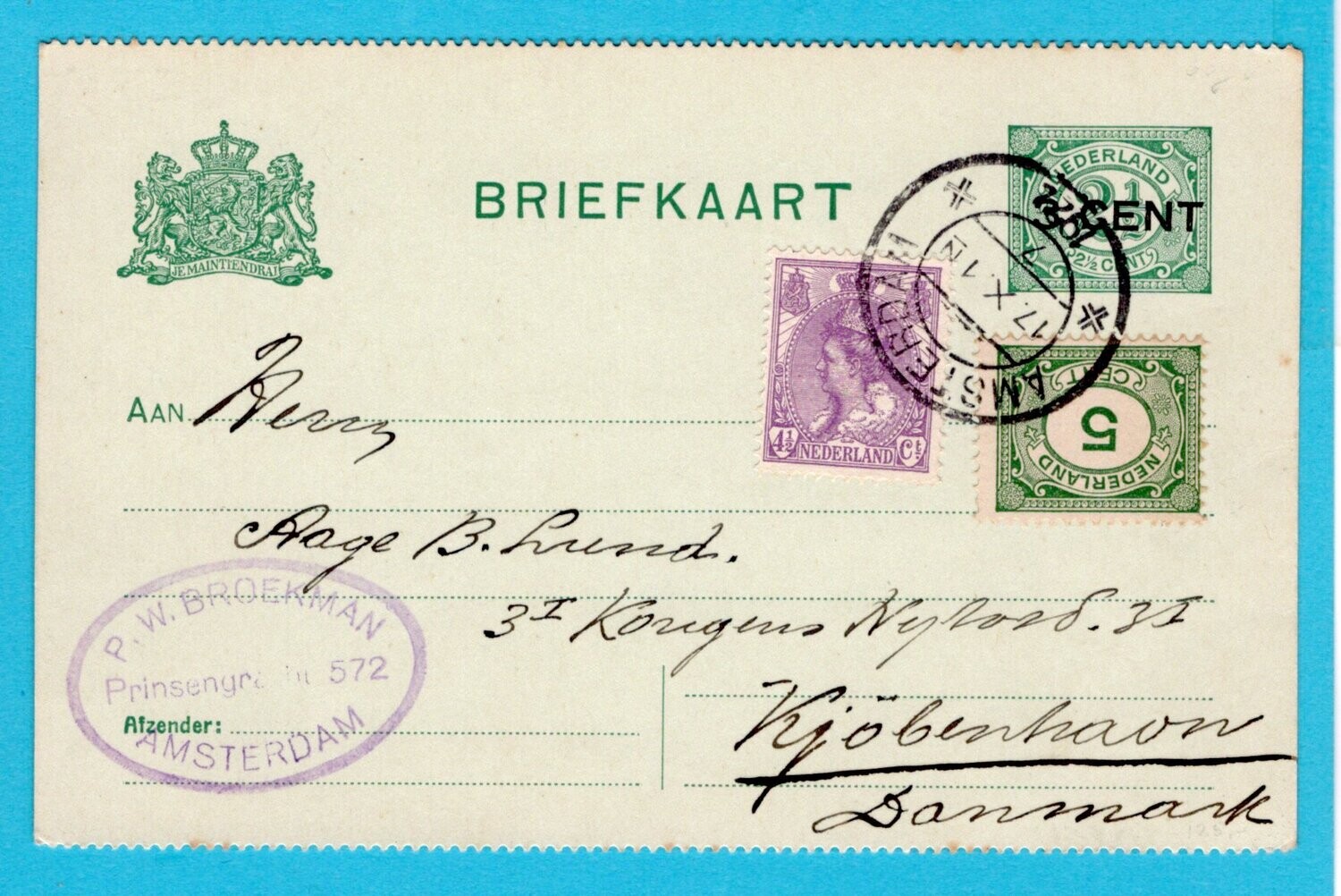 NEDERLAND getande briefkaart 1922 Amsterdam naar Denemarken