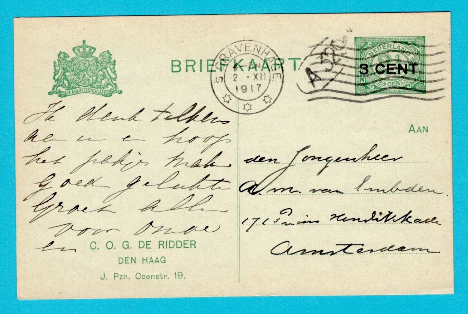 NEDERLAND briefkaart 1918 's Gravenhage particulier de Ridder