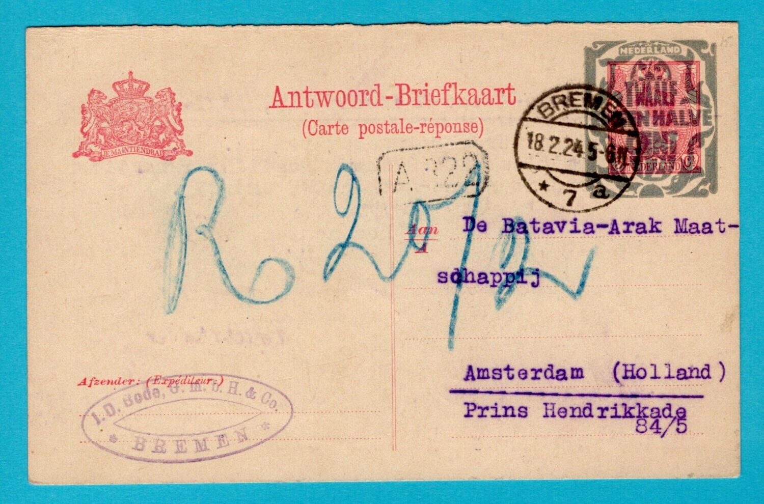 NEDERLAND antwoord briefkaart 1924 Bremen naar Amsterdam