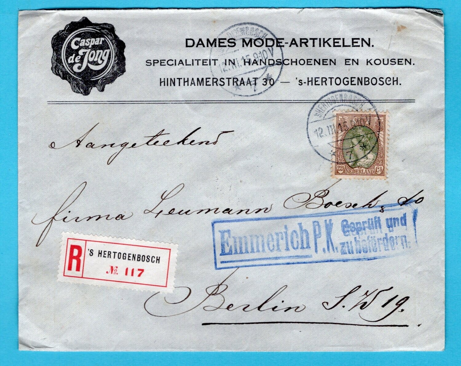 NEDERLAND censuur R brief 1915 's Hertogenbosch naar Duitsland