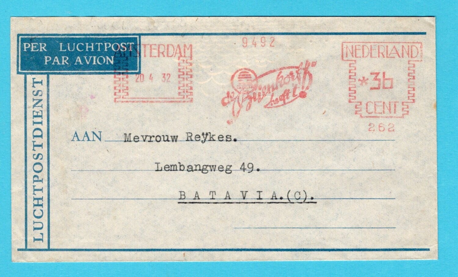 NEDERLAND luchtpost brief 1932 Rotterdam roodfrankering Bijenkorf