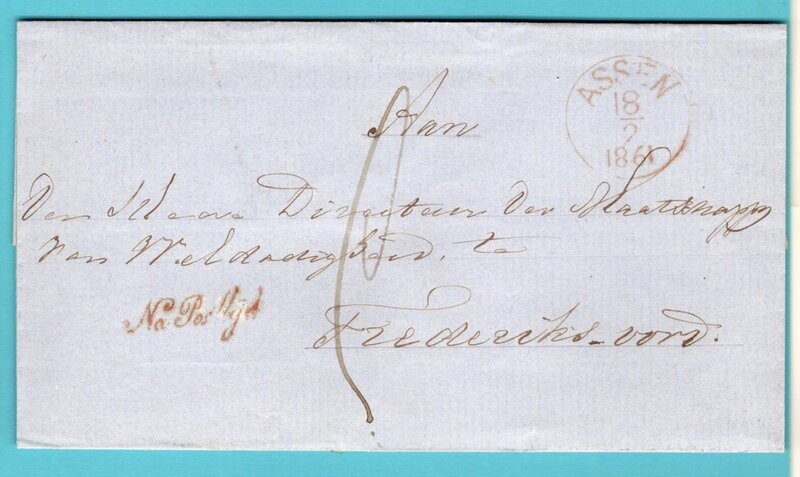 NEDERLAND omslag 1861 Assen "Na Posttijd" naar Frederiksoord