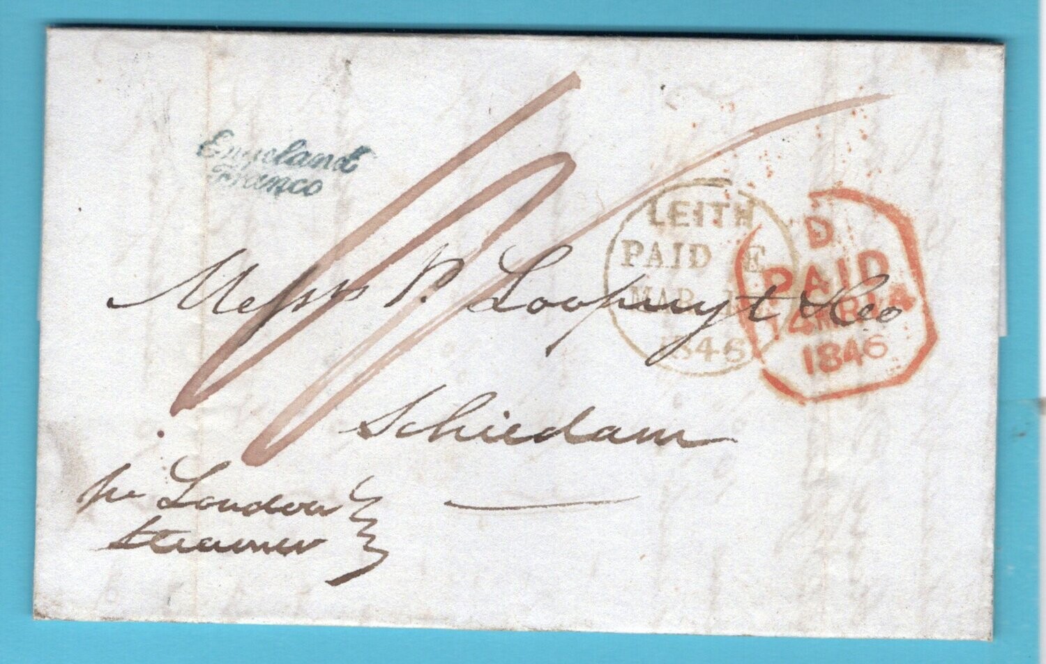 ENGELAND brief 1846 Leith met "Engeland/franco" naar Schiedam