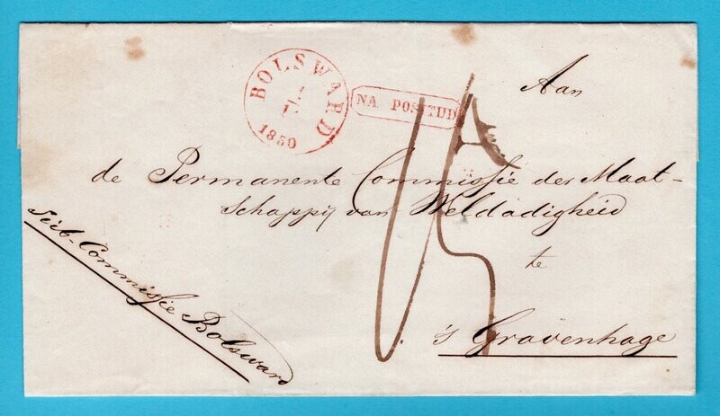 NEDERLAND omslag 1850 Bolsward "Na Posttijd" naar Den Haag