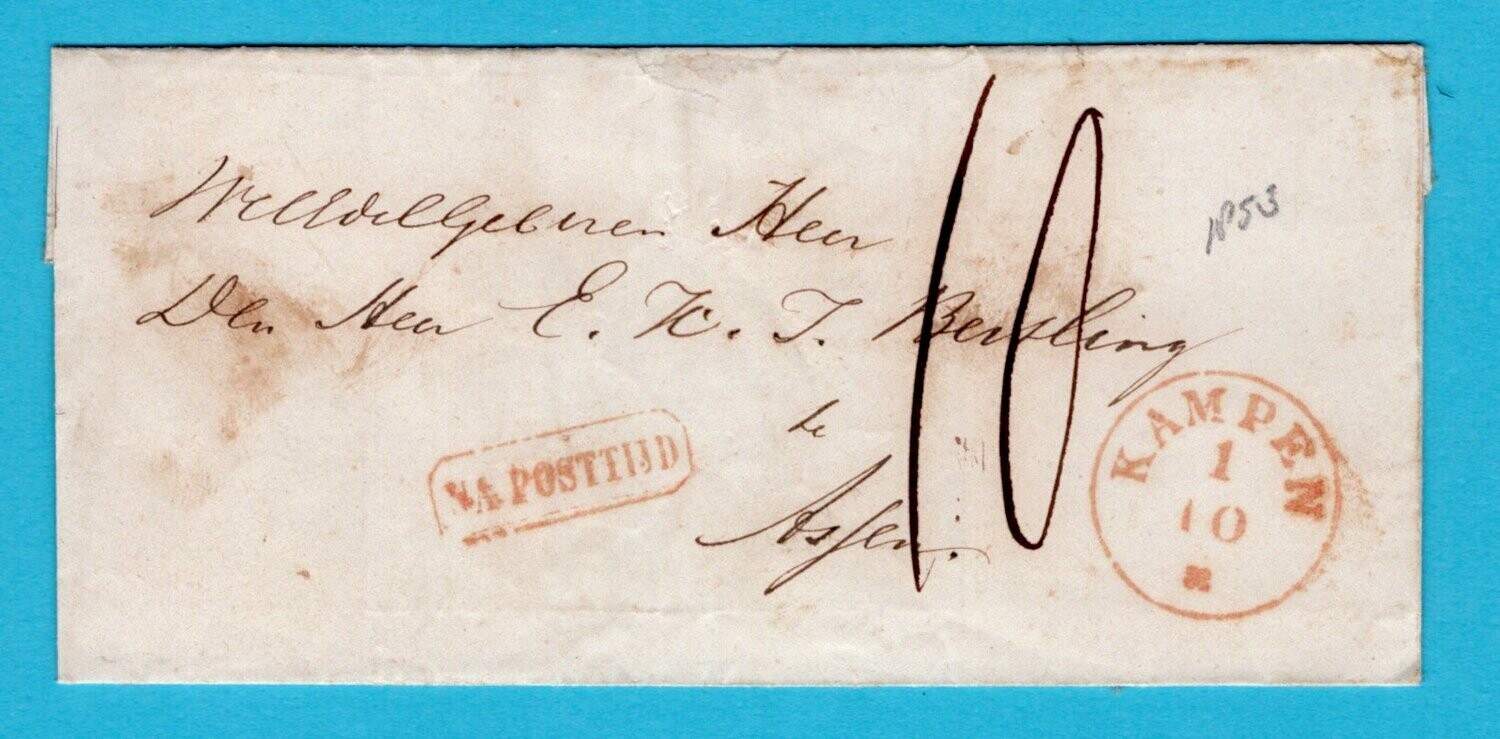 NEDERLAND omslag 1853 Kampen "Na Posttijd" naar Assen
