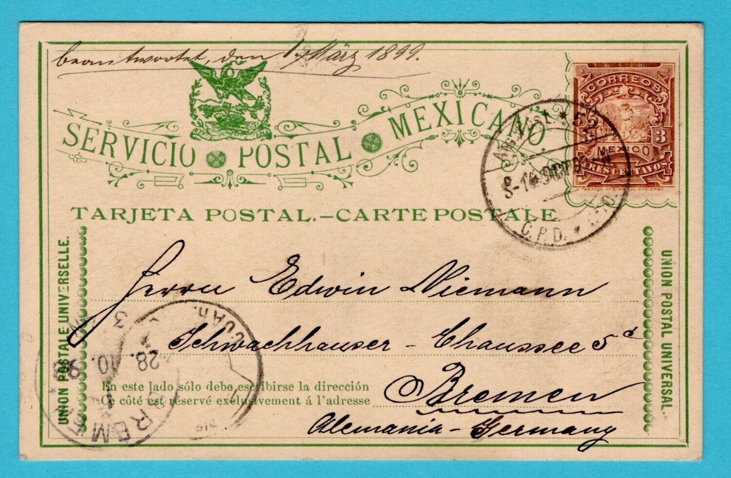 MEXICO postal card 1898 Ambulante 52 CPD*DGO to Germany