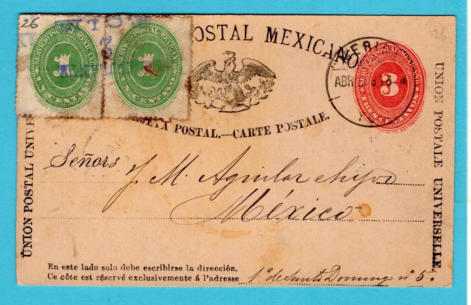 MEXICO postal card Ambulante 2 FCIM 1891 Merida to Mexico