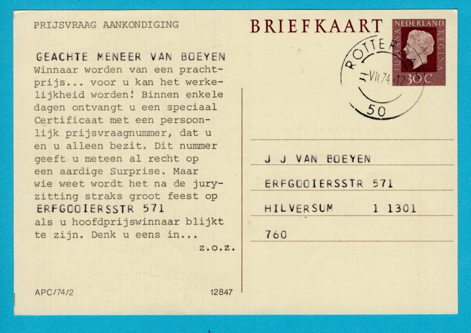NEDERLAND Publicitaire mailing 1974 G #351a Readers Digest