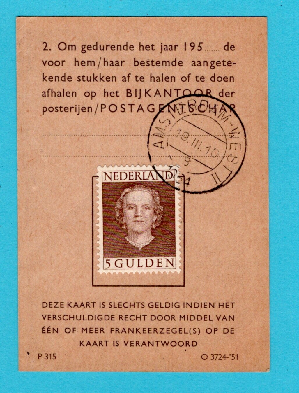 NEDERLAND postbuskaart 1954 Amsterdam met 5Gld En Face