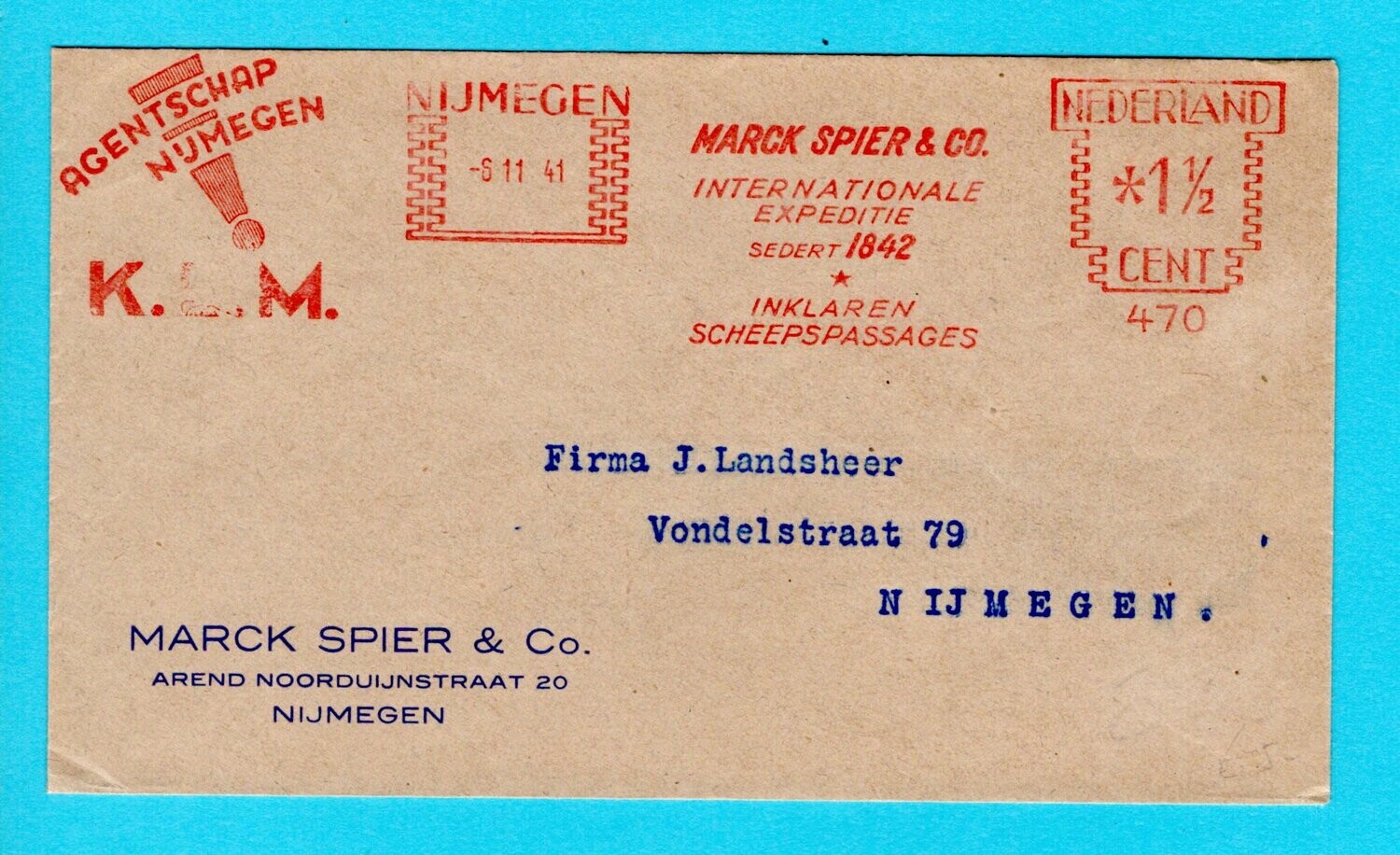 NEDERLAND brief 1941 Nijmegen KLM roodfrankering