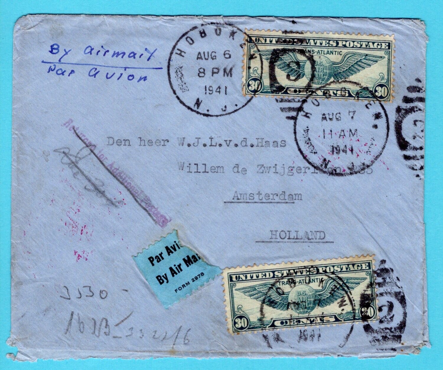USA lp brief 1941 Hoboken retour en notitie 