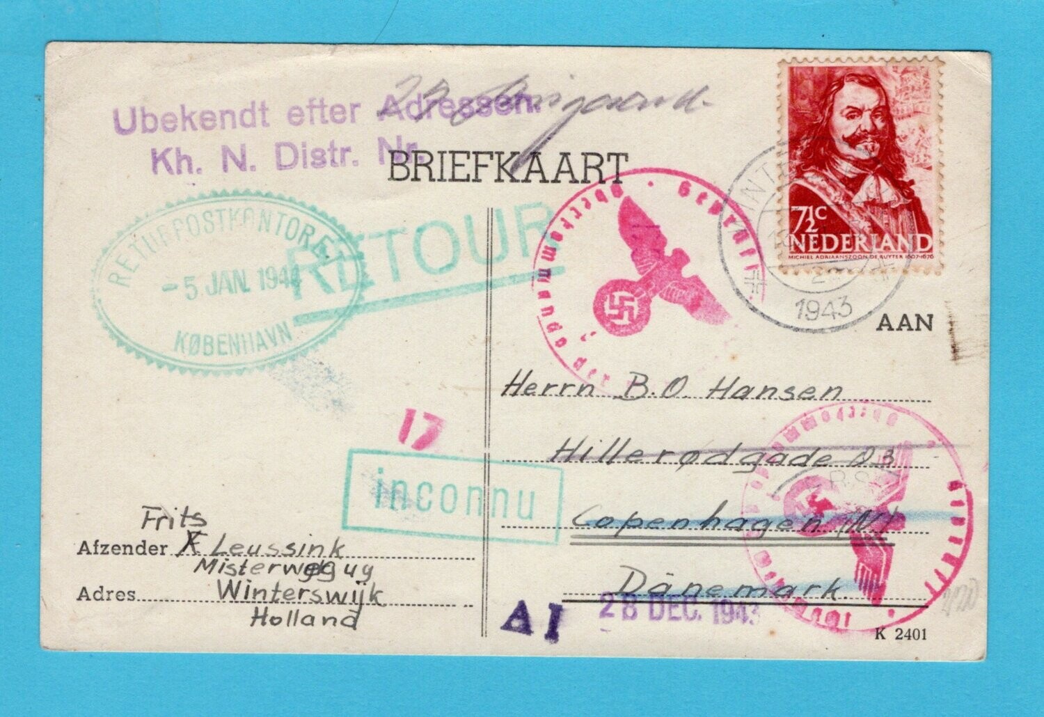 NEDERLAND briefkaart 1943 Winterswijk - Denemarken retour afzender