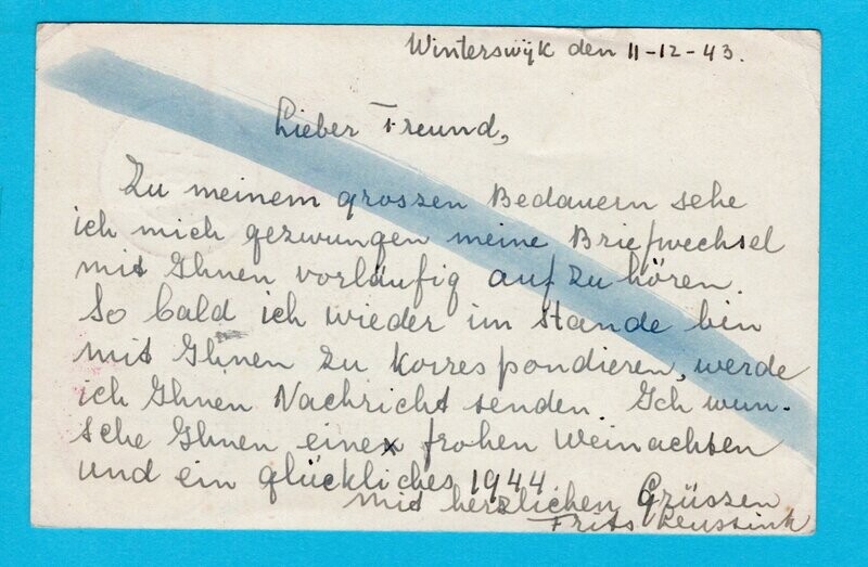 NEDERLAND briefkaart 1943 Winterswijk - Denemarken retour afzender