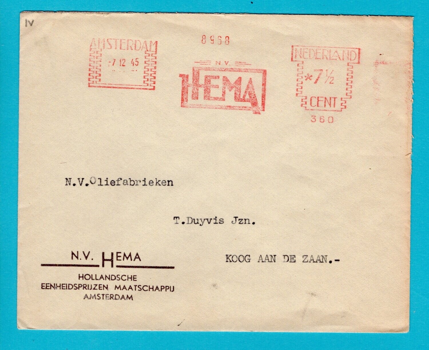 NEDERLAND brief 1945 Amsterdam HEMA roodfrankering