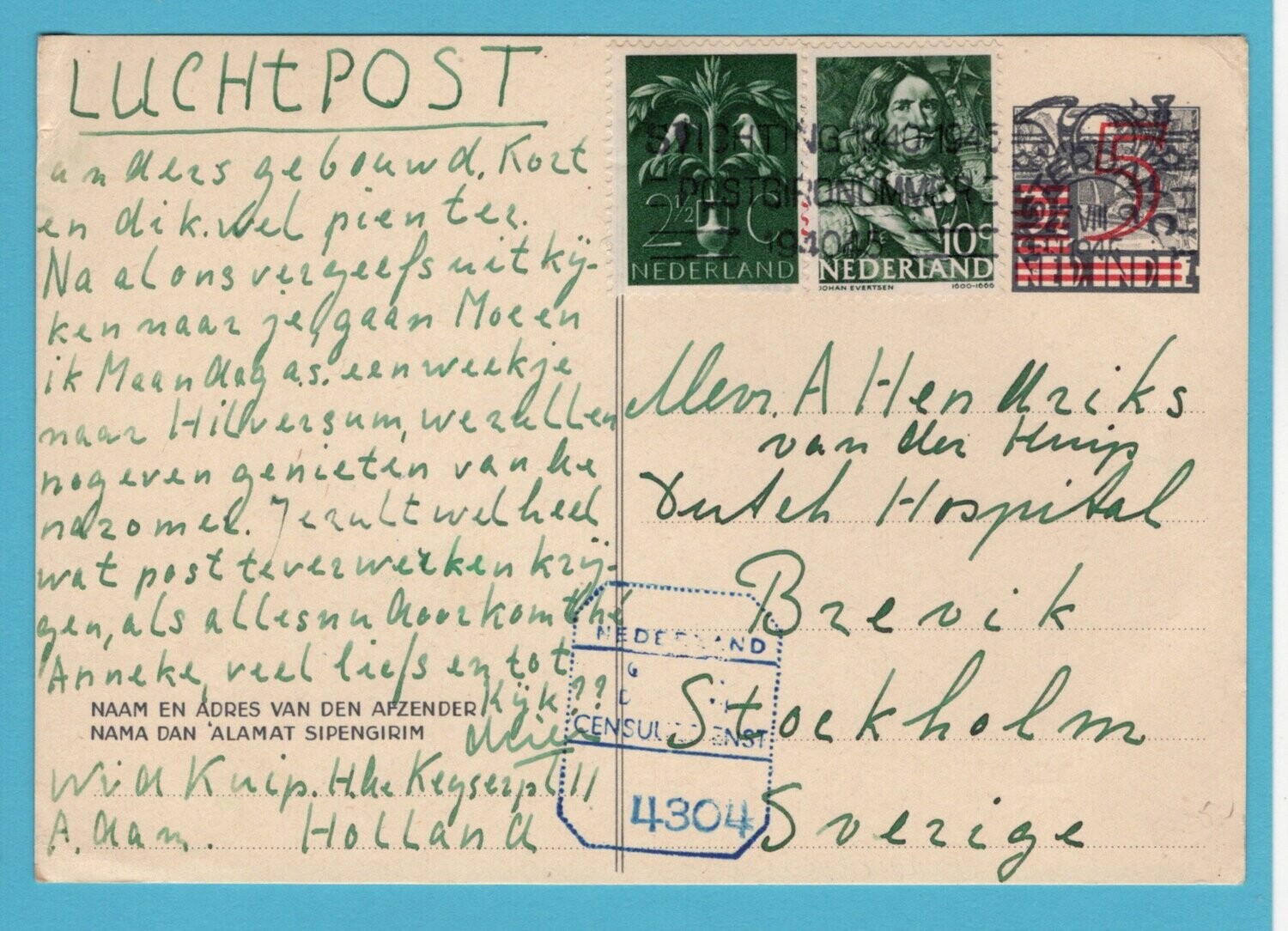 NEDERLAND briefkaart 1945 Amsterdam naar Dutch Hospital Zweden