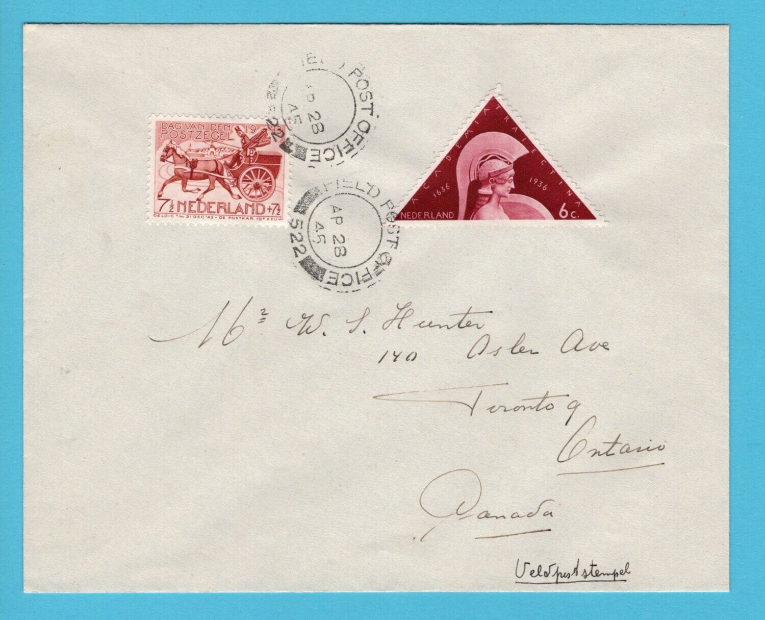 NEDERLAND brief 1945 met FieldPost Office 522 naar Canada