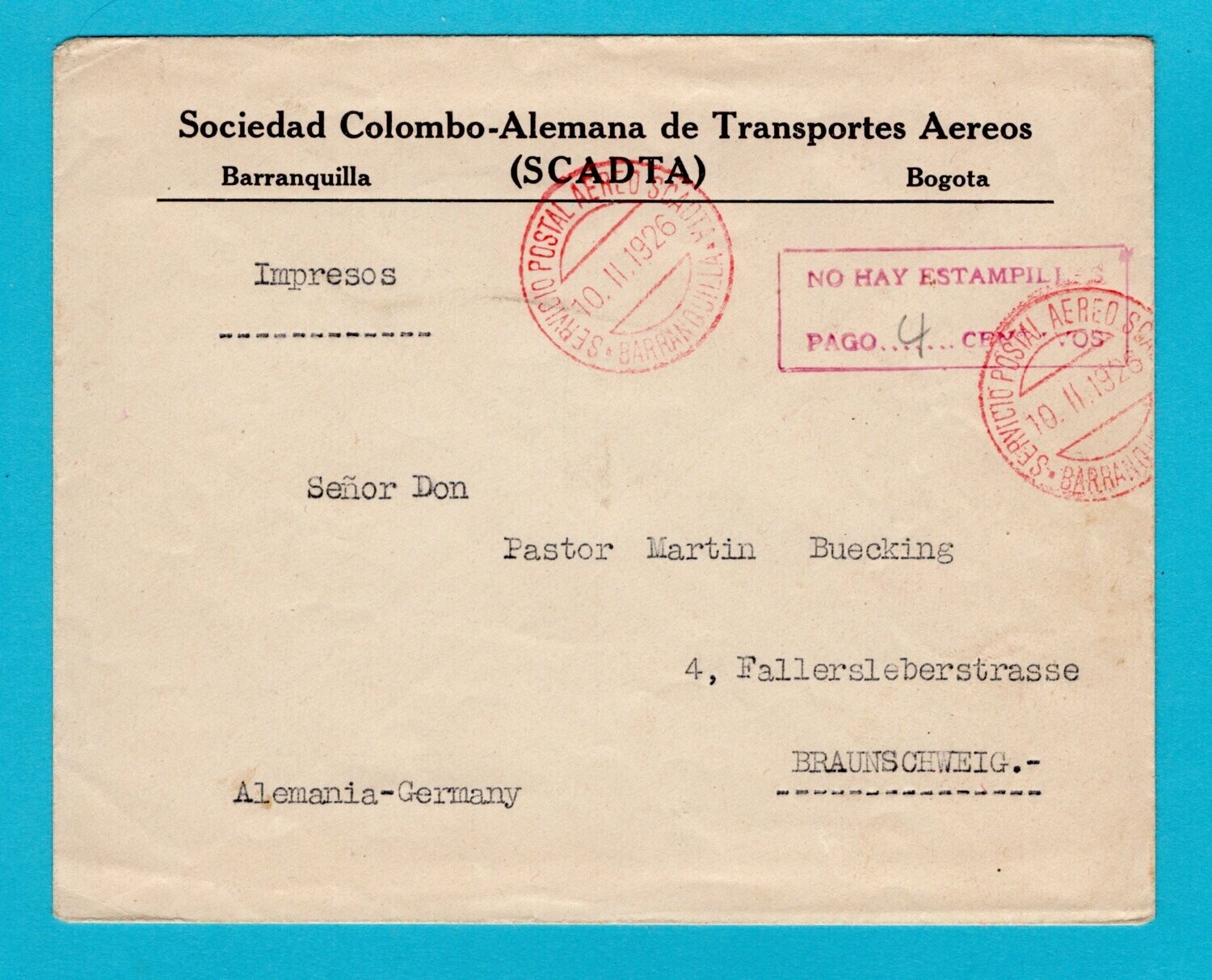 COLOMBIA SCADTA cover 1926 Barranquilla 