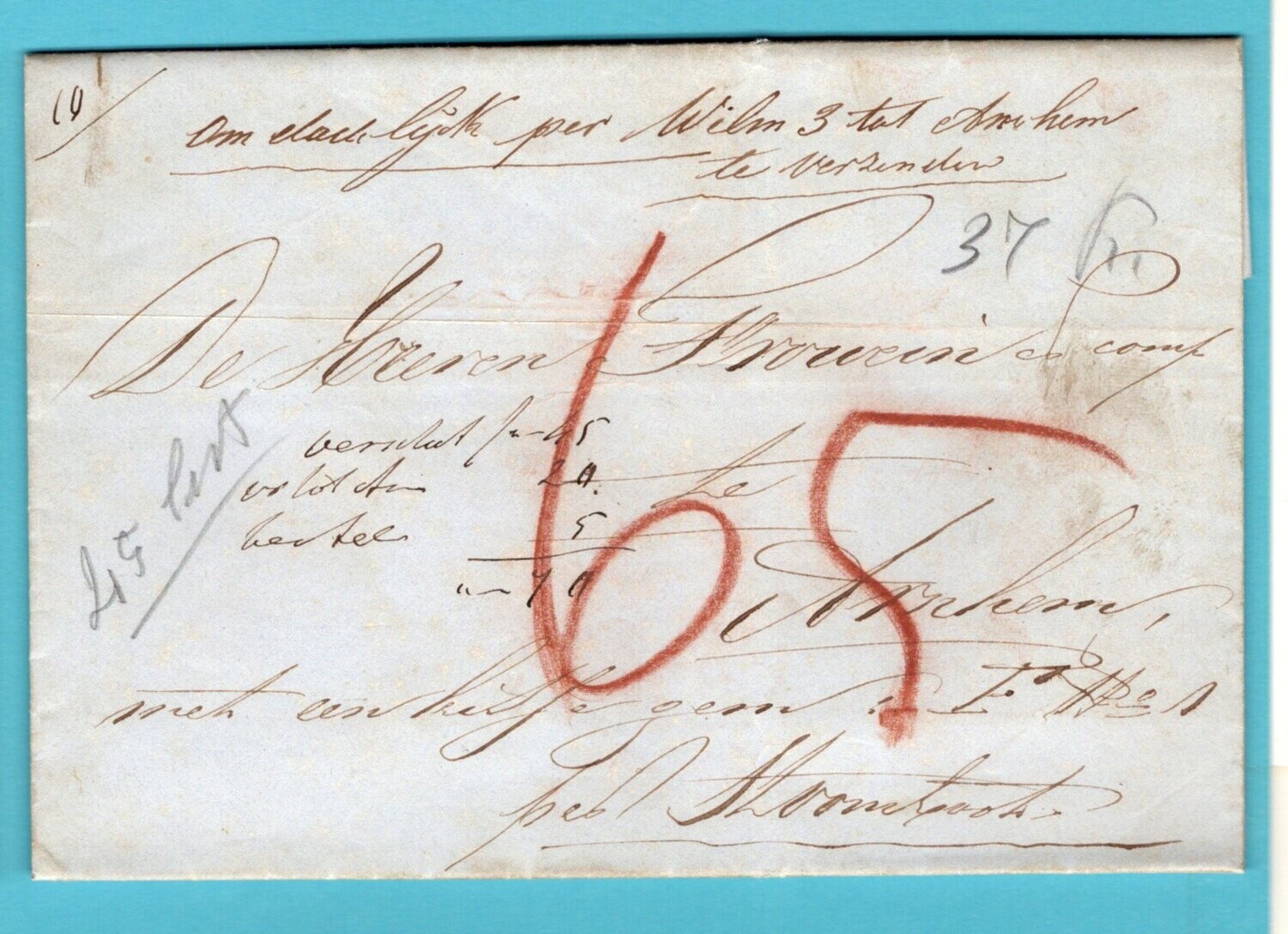 NEDERLAND brief 1858 Druten per Stoomboot met tarief berekening