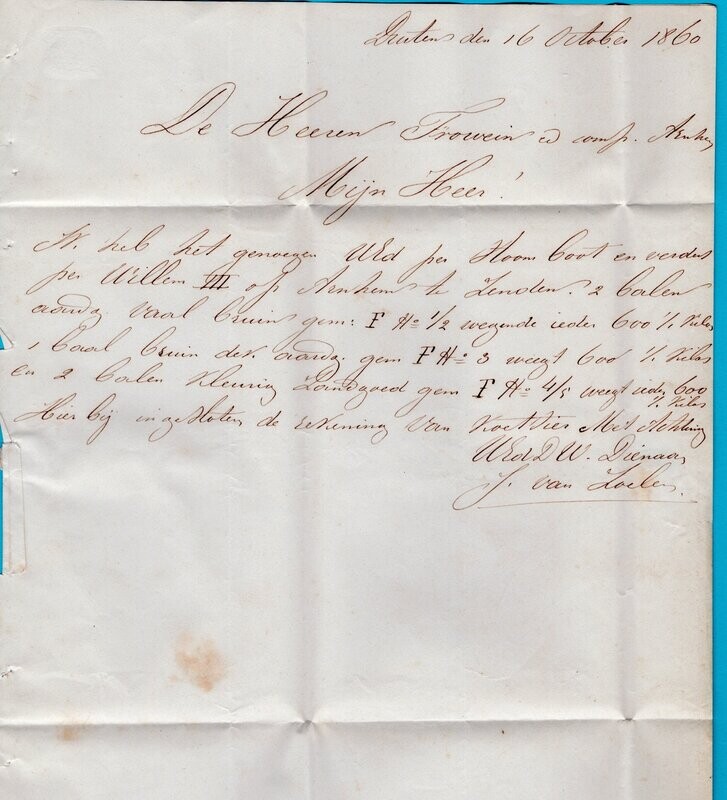 NEDERLAND brief 1860 Druten per Stoomboot en verder per Willem III