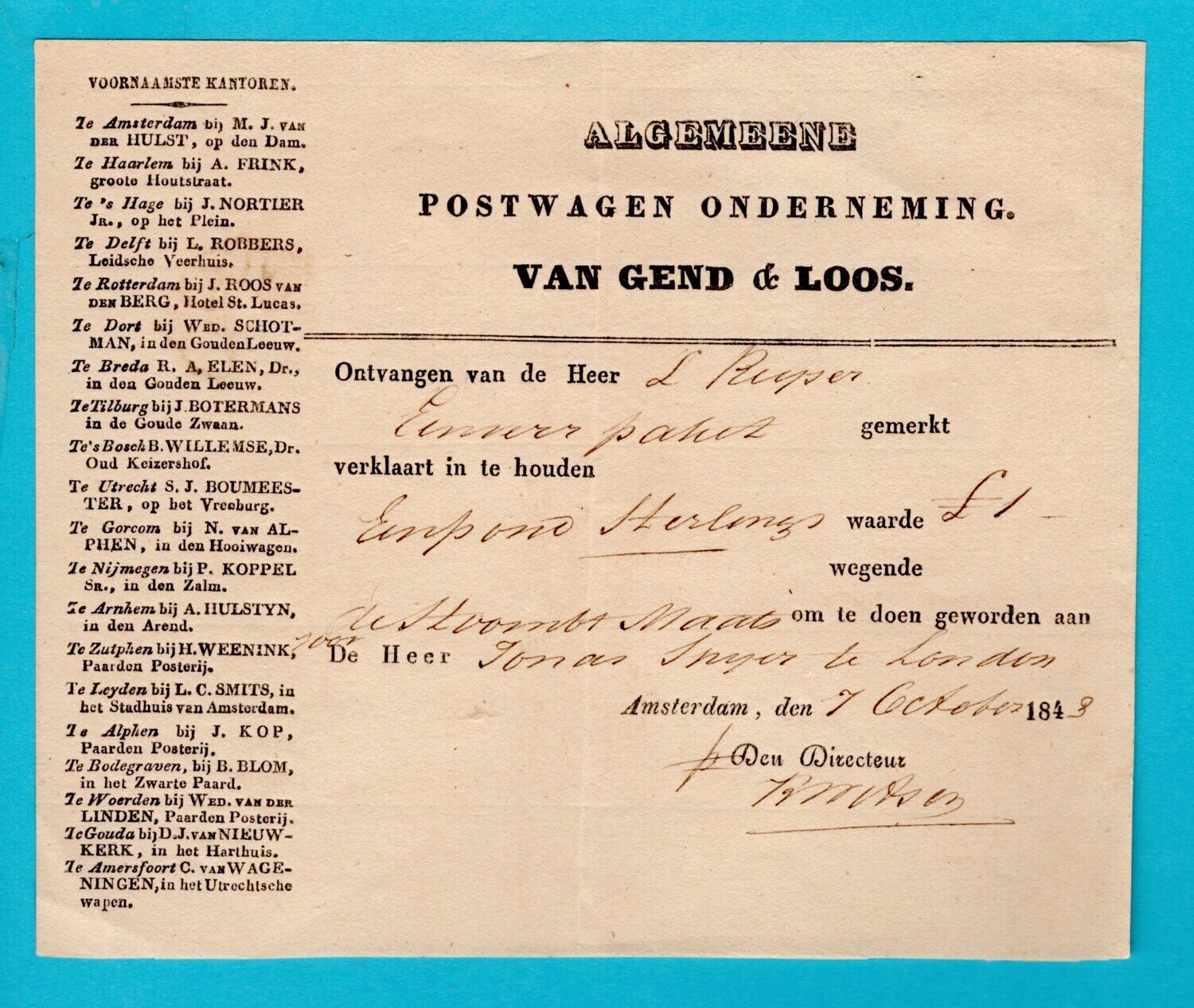 NEDERLAND verzendbewijs 1843 van Gend & Loos