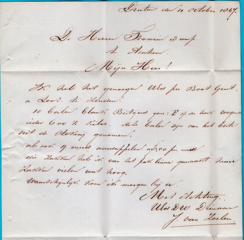 NEDERLAND brief 1867 Druten "per boot Gend en Loos" naar Arnhem