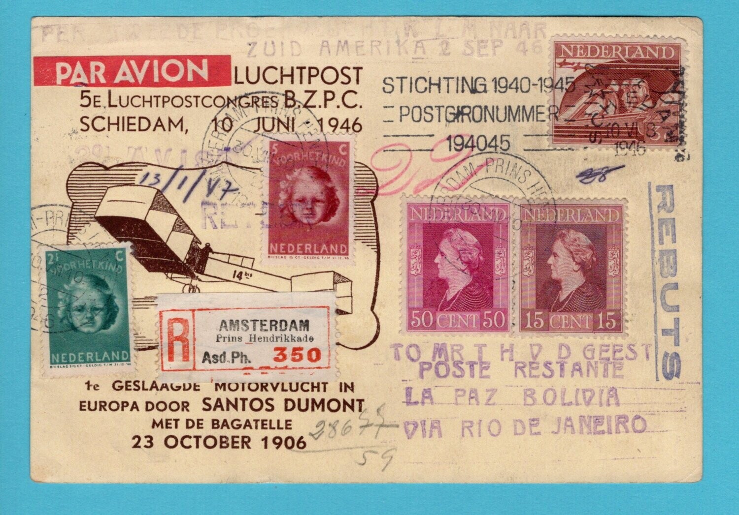 NEDERLAND R kaart 2e proefvlucht Z-Amerika 1946 Amsterdam