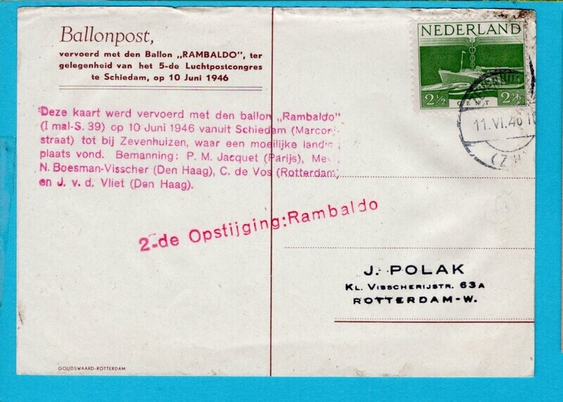 NEDERLAND ballon kaart 1946 Schiedam Rambaldo II beschadigd