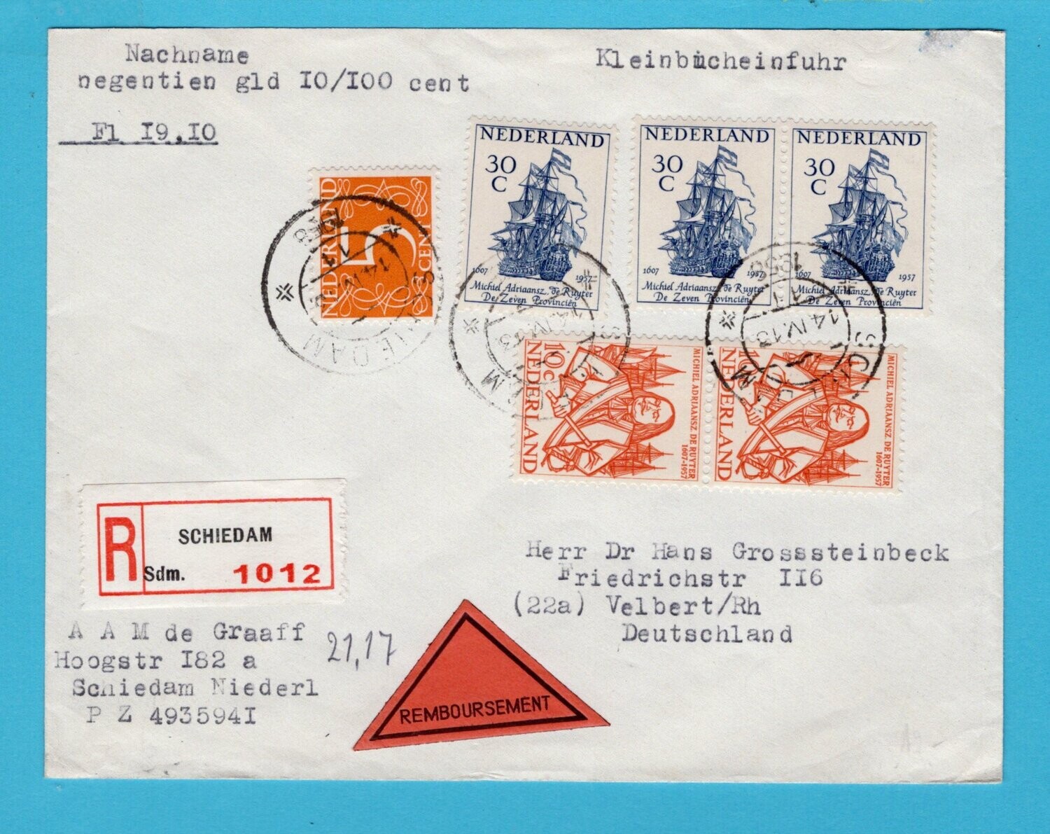 NEDERLAND rembours R brief 1958 Schiedam naar Duitsland