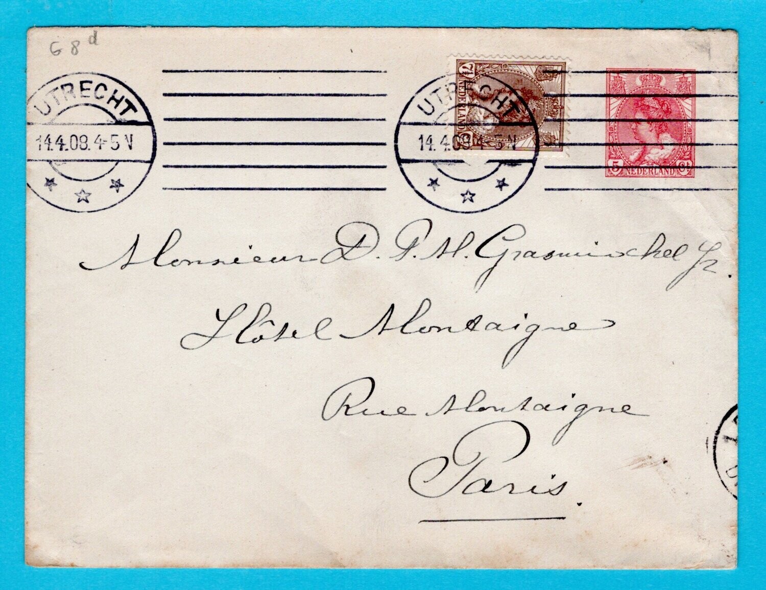 NEDERLAND envelop 1908 Utrecht naar Frankrijk