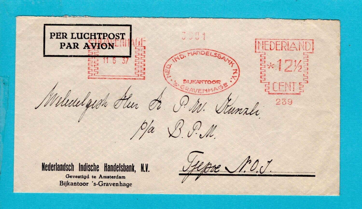 NEDERLAND lp brief 1937 Den Haag roodfrankering N.I. Handels Bank