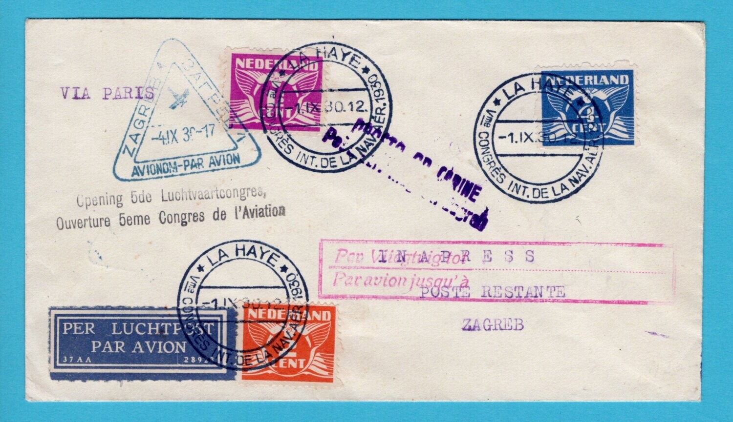 NEDERLAND lp brief 1930 Den Haag Luchtvaart congres