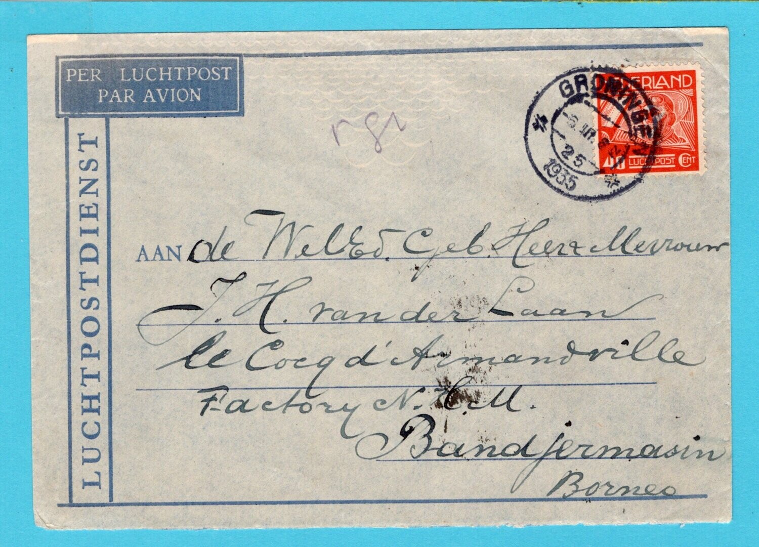 NEDERLAND lp brief 1935 Groningen met 40ct lp enkelfrankering